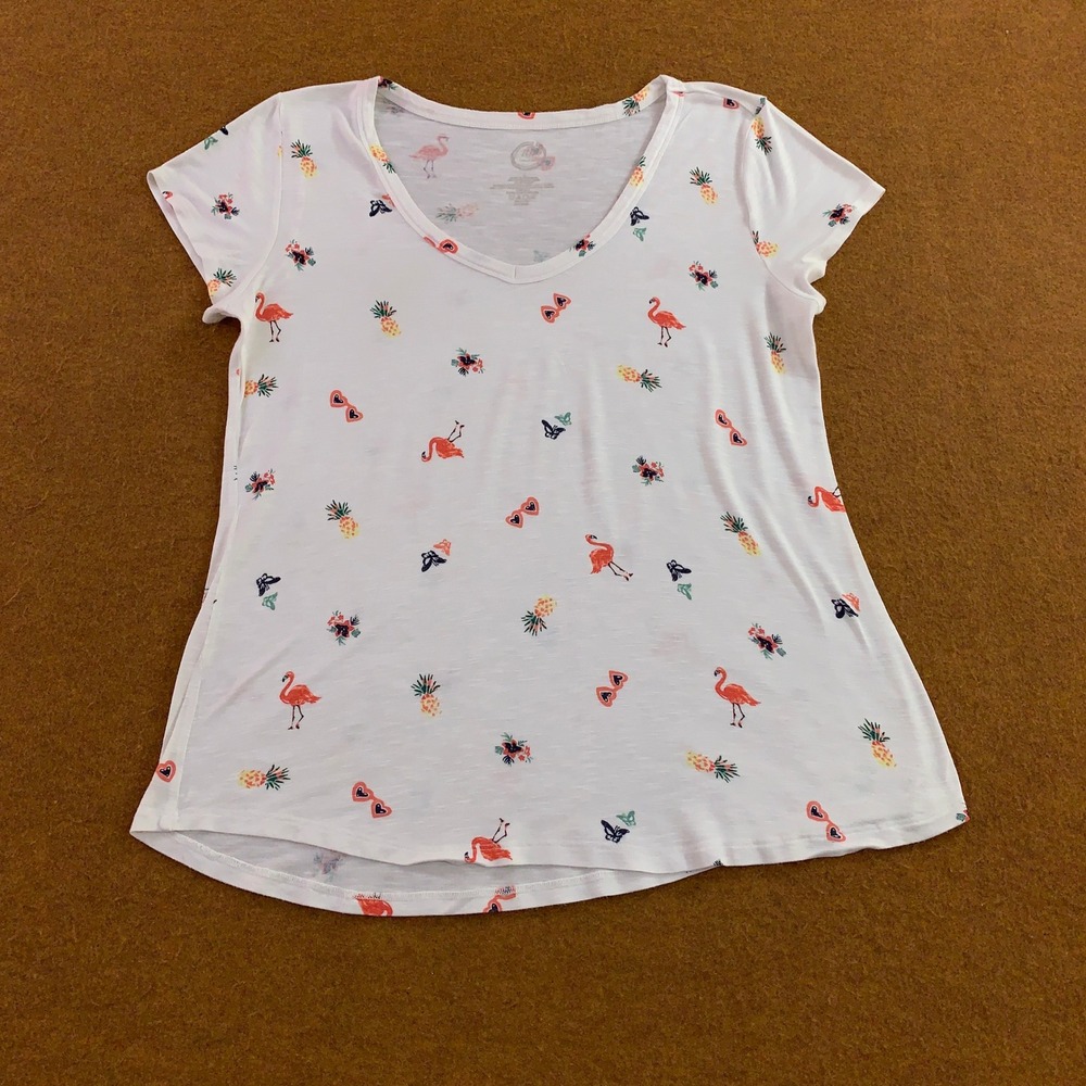Maurices 24/7 Womens Large White Flamingo Pineapple Print V-Neck T-Shirt